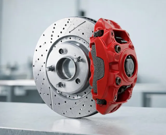 Technician reviewing brake rotor and caliper fitment data beside a service bench