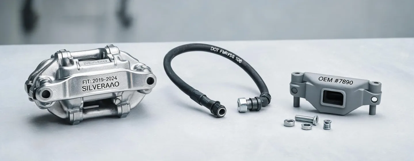 Clean brake component inspection bench with labels and compliance notes